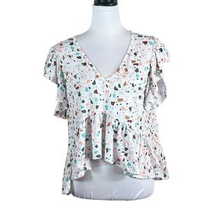Altar'd State Cream White Polkadot Flutter Sleeve Tip, Size S